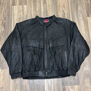 VTG Cow Leather Bomber Jacket Men's Large Black Lined 90s Biker Runnci Ernos